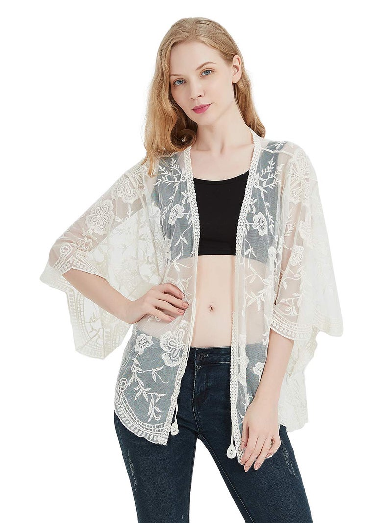 Anna-Kaci Womens Long Embroidered Lace Kimono Cardigan with Half Sleeves, Beige, One Size - Image 1